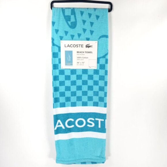 NWT LACOSTE‎ CROC LOGO PLAID BLUE BEACH TOWEL 100% COTTON 36” x 72” - Picture 3 of 6